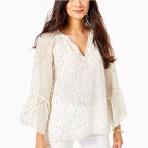 NWT Lilly Pulitzer Matilda Flounce Sleeve Silk Top Coconut Gold Metallic Sz XXS